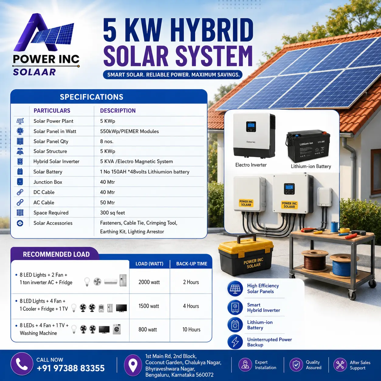 5 kW Hybrid Solar System in Bangalore with Battery Backup by POWER INC SOLAAR