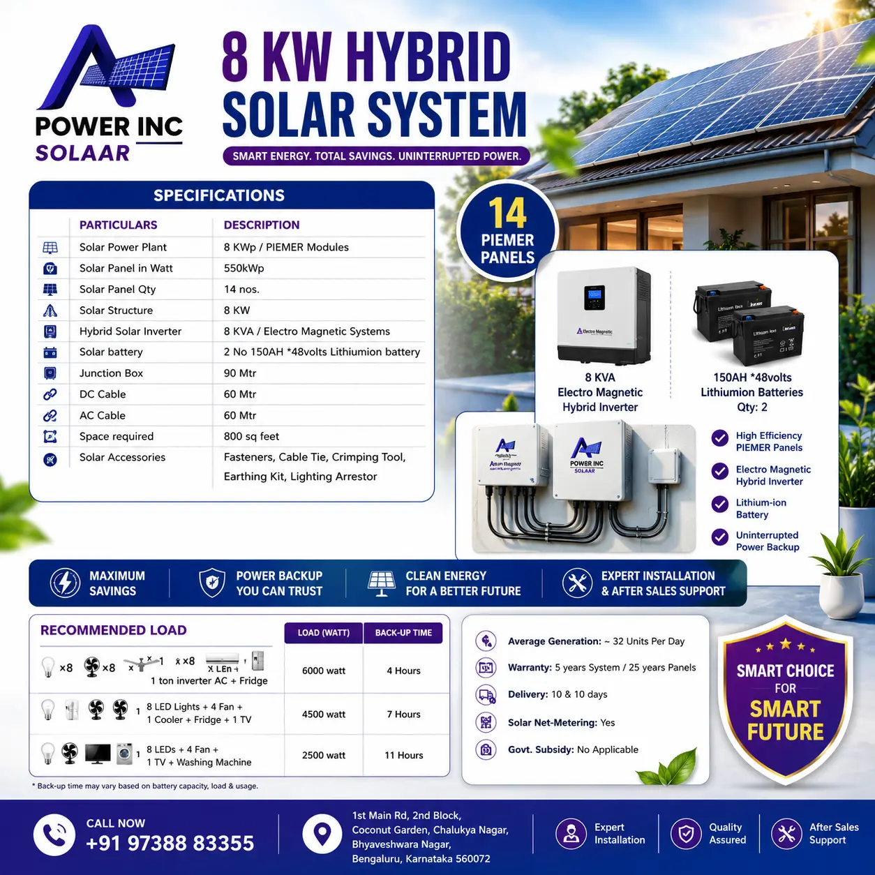 8 kW Hybrid Solar System in Bangalore with 14 Solar Panels, Lithium Battery and Hybrid Inverter