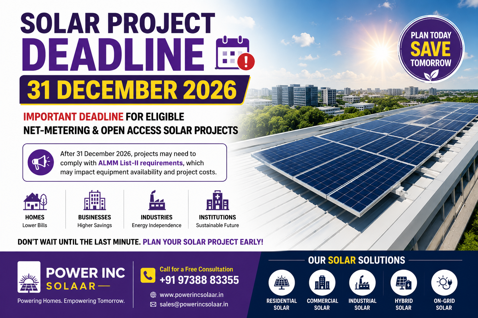 Solar Project Deadline 31 December 2026 for eligible residential, commercial and industrial rooftop solar projects in Karnataka